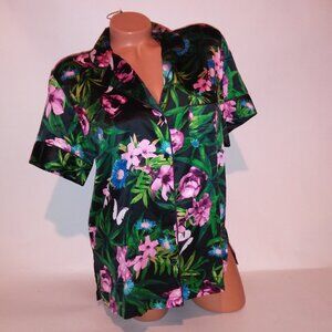 Victoria Secret Pajama Top Small Black Green Pink Floral Satin Button Up Sleepwe